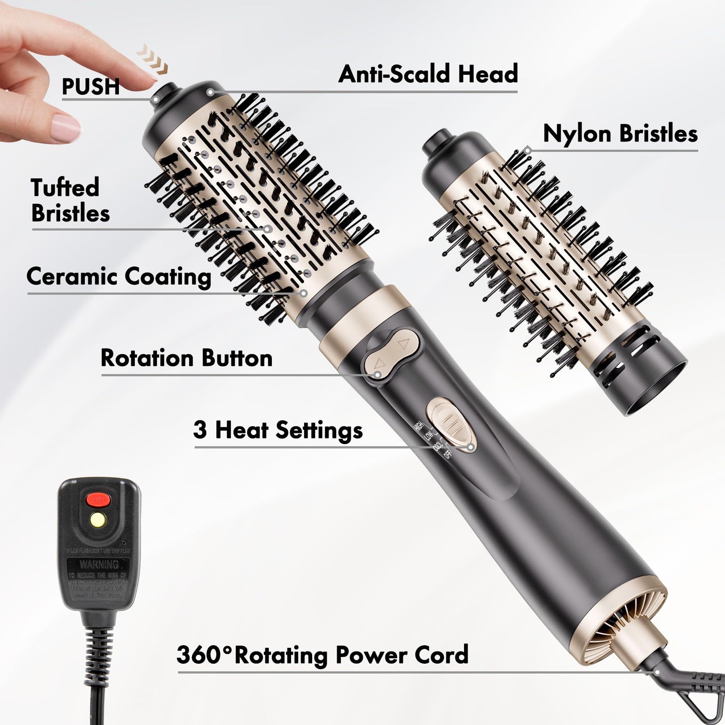 DAILYLIFE Rotating Hair Dryer Brush, Spinning Hair Dryer Brush and Hot Air Brush with 2 Brushes (1.5" & 2"), ALCI Safety Plug and Ionic Technology, Ceramic Barrel