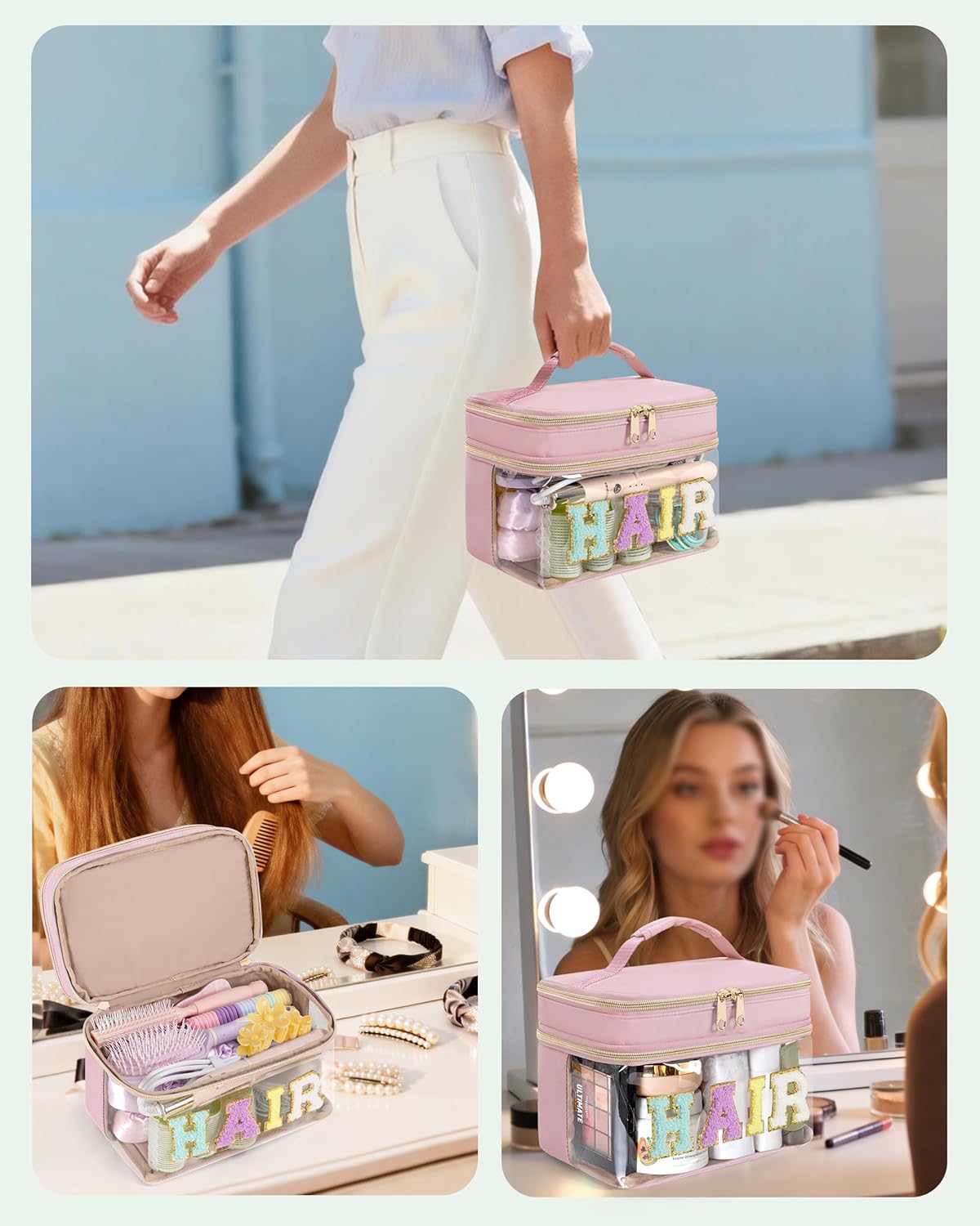 Double Layer Hair Accessories Organizer - Preppy Patch Makeup Bag with Chenille Letter | Portable Pink Cosmetic Pouch for Women