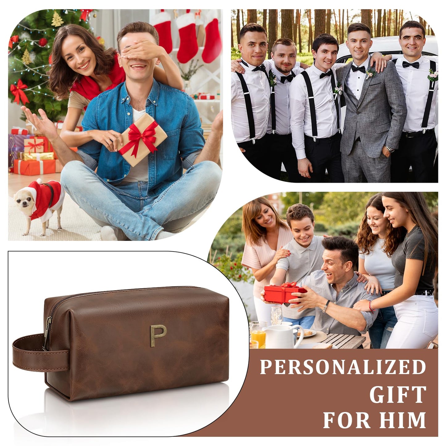 CLOUDWINGS Men’s Personalized Gift Initial Travel Toiletry Bag for Him PU Leather Waterproof Shaving Bag for Travel Essentials Birthday Gift for Dad Husband Boyfriend (P)