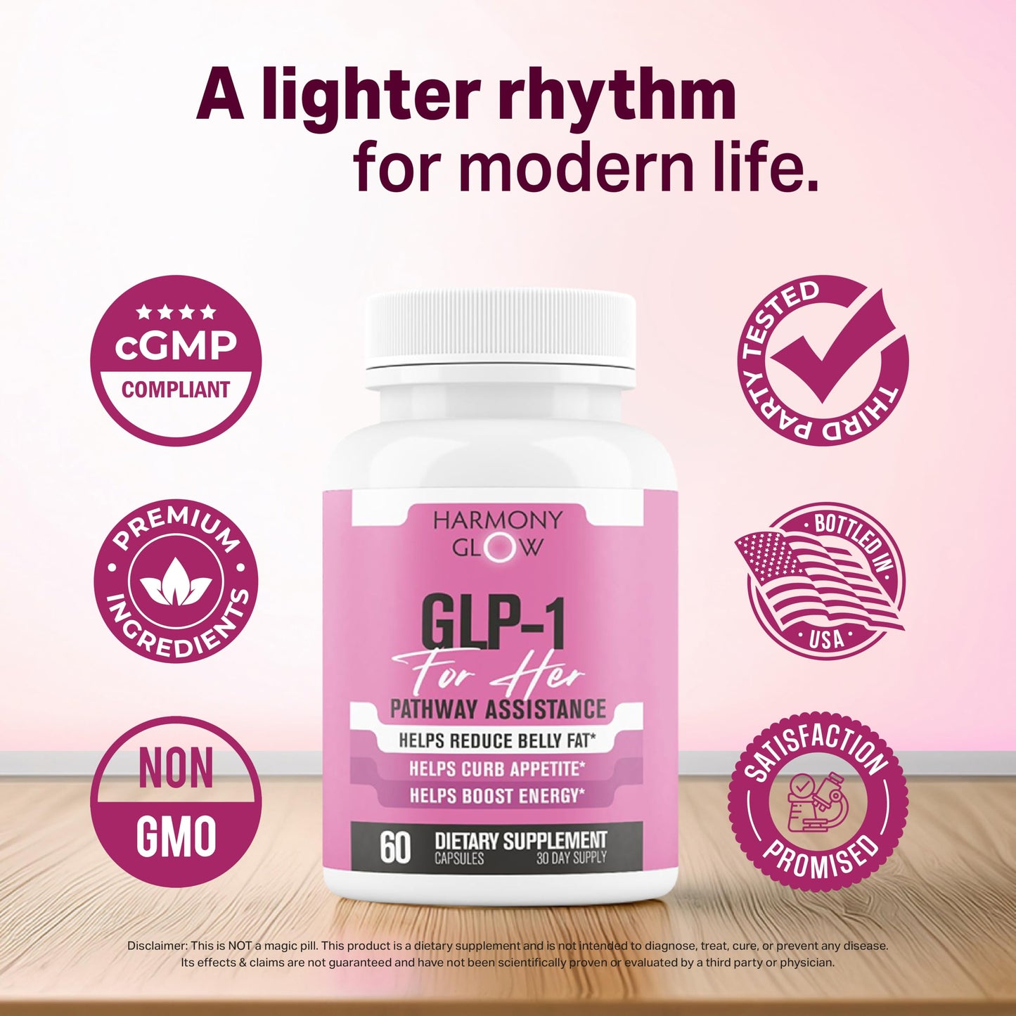 Harmony Glow GLP-1 | Promotes Weight Loss for Women, Helps Appetite Control & Promotes Energy - Assists Metabolic Pathways Linked to GLP-1 Signaling & Fat Loss - 3rd Party Tested Supplement - 60 Pills