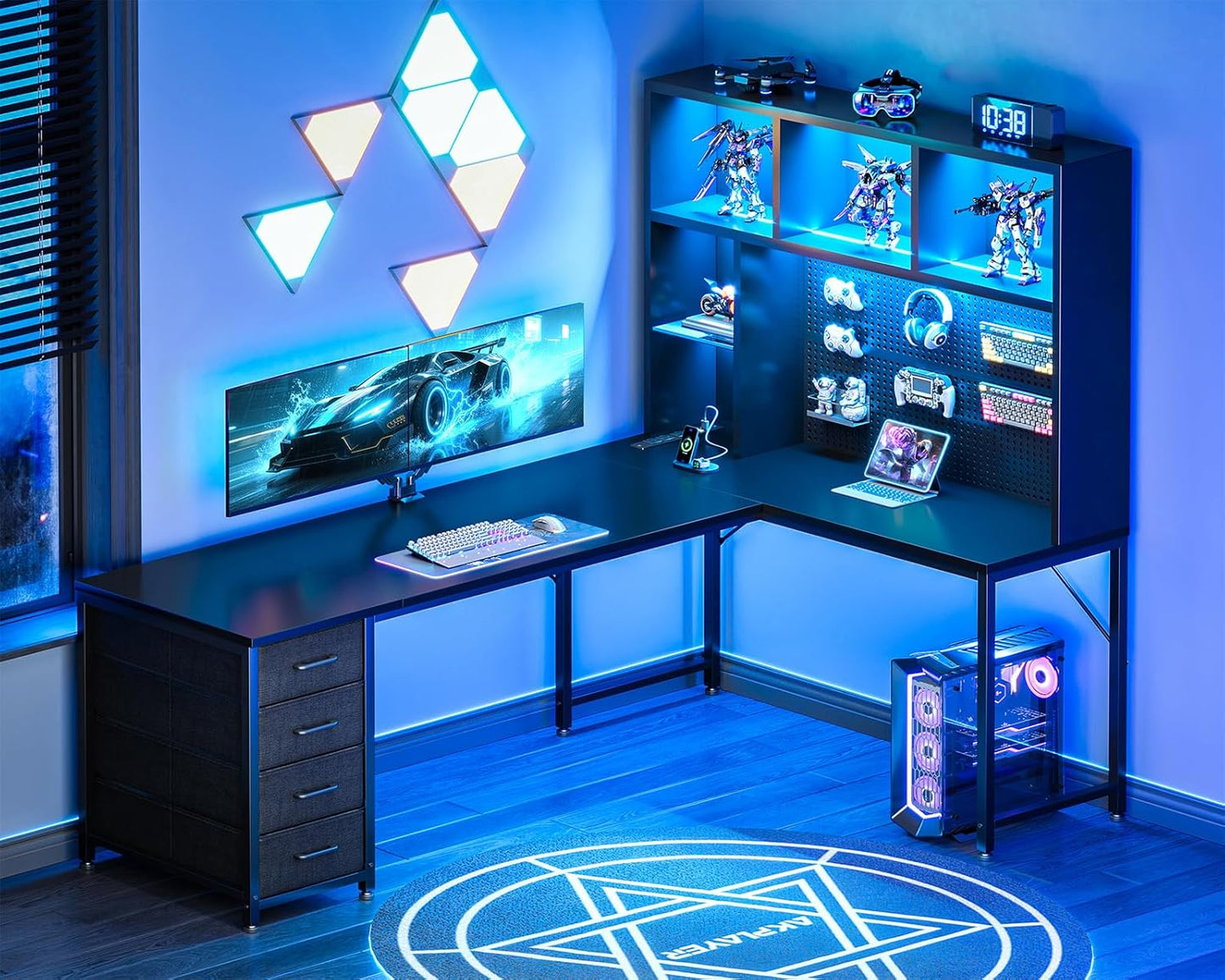 L Shaped Gaming Desk with Hutch - 63" PC Desk with LED Light & Power Outlets | Black