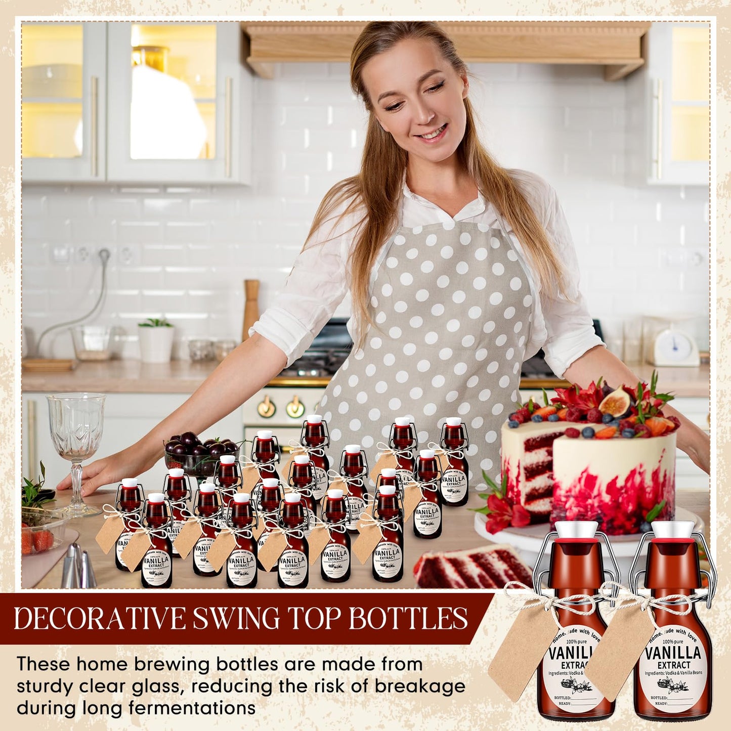 Vesici 12 Sets Swing Top Glass Bottles Set Amber Homemade Vanilla Extract Bottles Vanilla Extract Jars for Christmas DIY Crafts (2 Oz)