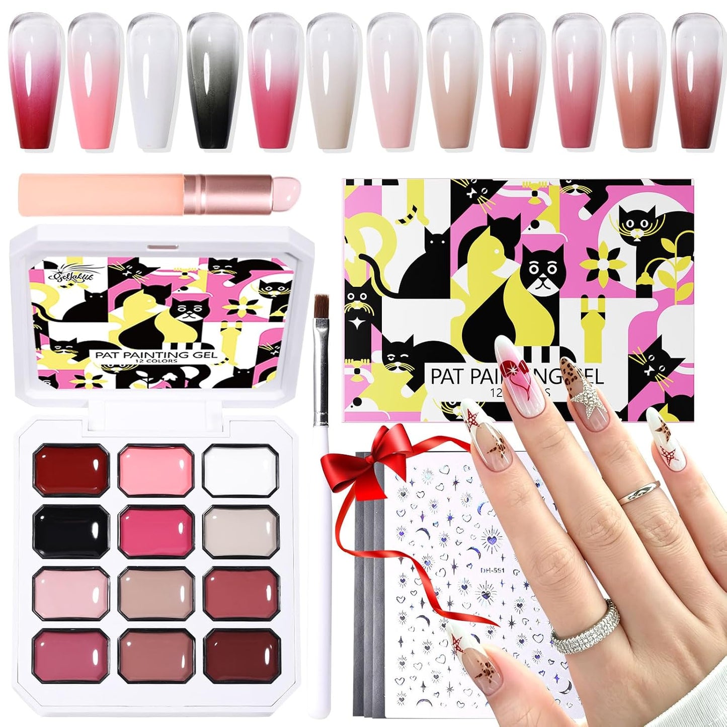 Ombre Nail Gel Polish Kit - 12 Color Patting Palette with Brush & Stickers | UV/LED Curing for DIY Manicure
