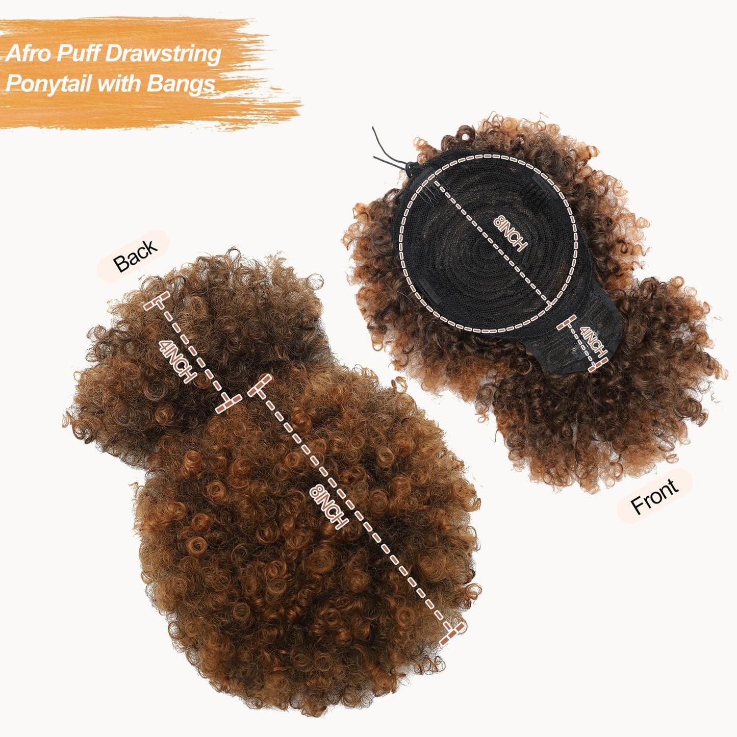 Afro Puff Drawstring Ponytail with Bangs,Short Caramel Brown Mix Natural Black Kinky Curly Synthetic Drawstring Ponytail Extension for Black Women Hair Bun Fluffy Updo for Daily and Party Use 1B/30
