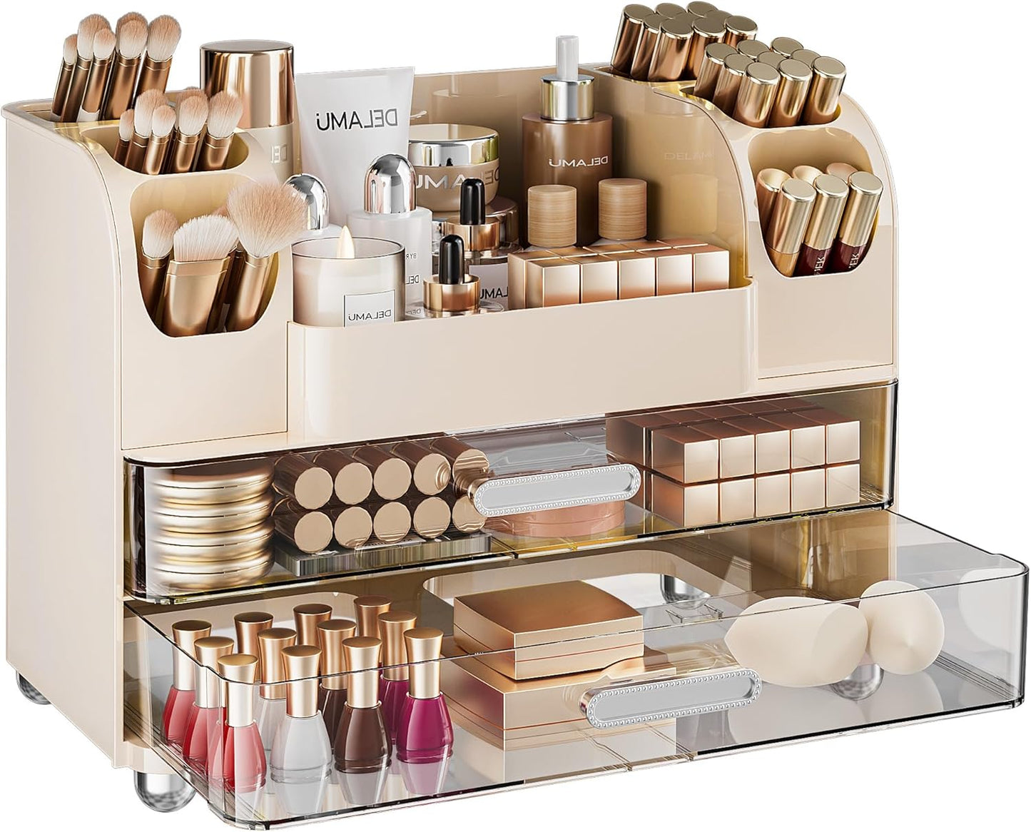 Large Makeup Organizer - 6 Brush Holders & 2 Drawers | White Vanity Storage for Skincare, Lipsticks, and More
