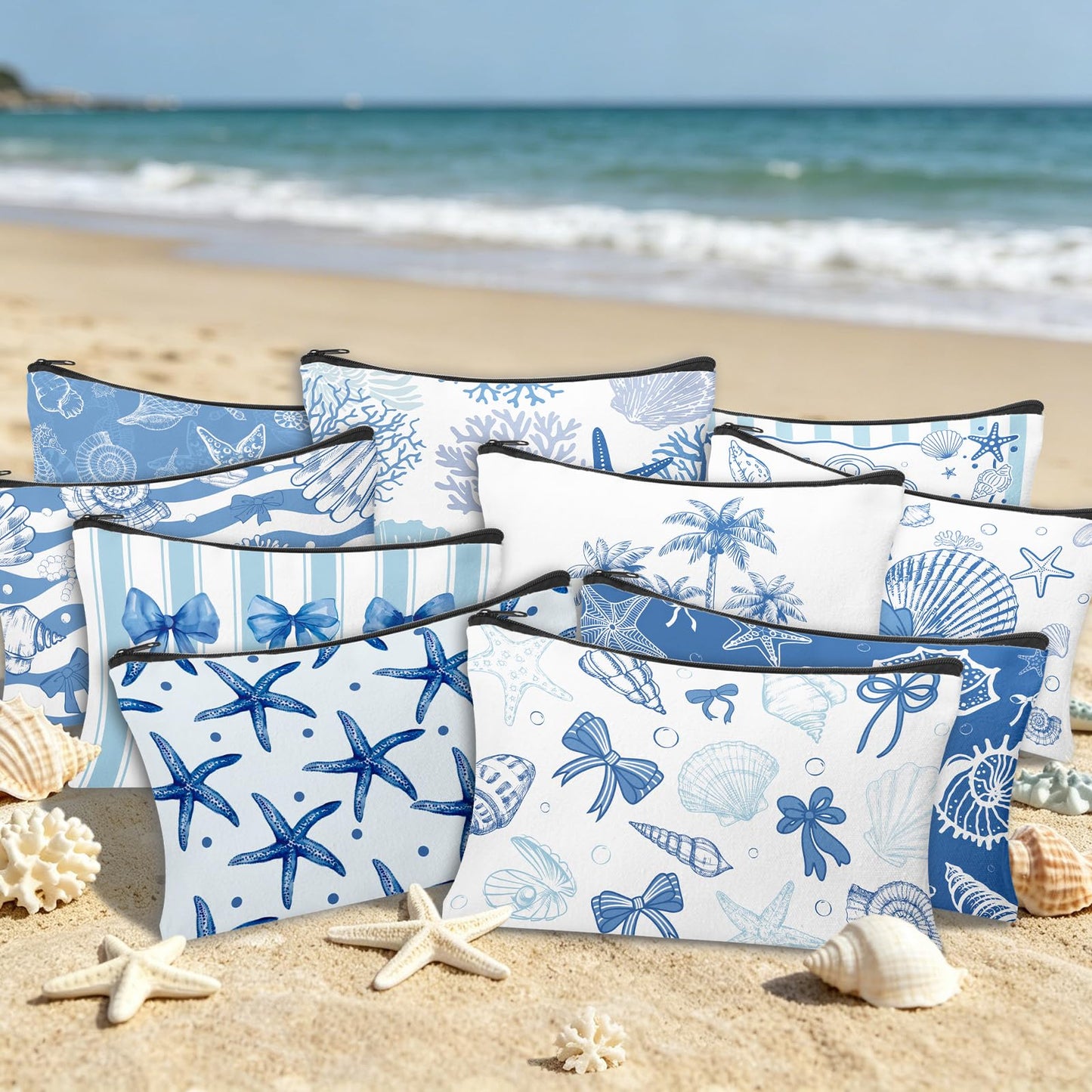 HSDSH 30 Pcs Coastal Makeup Bags Blue Bow Seashell Makeup Bag Ocean Themed Cosmetic Bags Bulk Portable Travel Toiletry Pouches Beach Gifs for Women Nautical Party Favors Beach Accessories