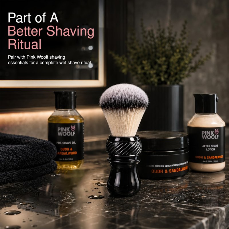 Pink Woolf Synthetic Shaving Brush for Men – 24mm Tuxedo Knot, Quick-Dry Soft Bristles, Compact Travel Shave Brush for Rich Lather with Soap or Cream – Black Handle