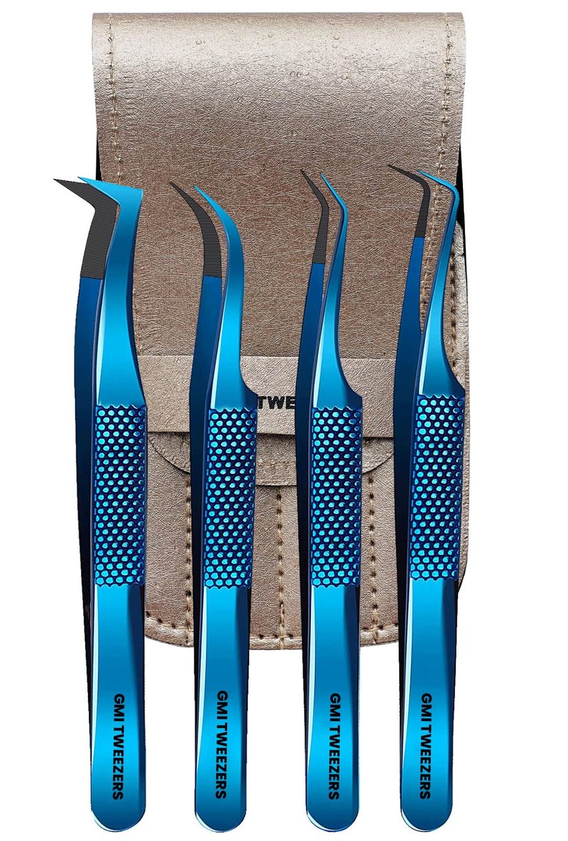 GMI Lash Tweezers – Pack of 4 Stainless Steel Fiber Tip Eyelash Extension Tweezers
