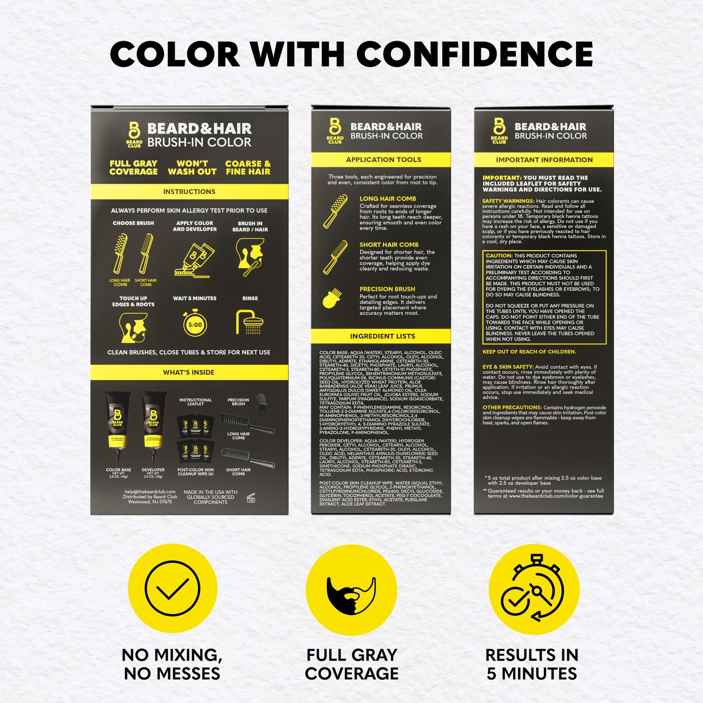 The Beard Club Permanent Hair and Beard Dye for Men – Professional Quality Mustache Dye, Hair Color for Men, Covers Grays, All in One Reusable 5 Minute Color Kit – Dark Brown