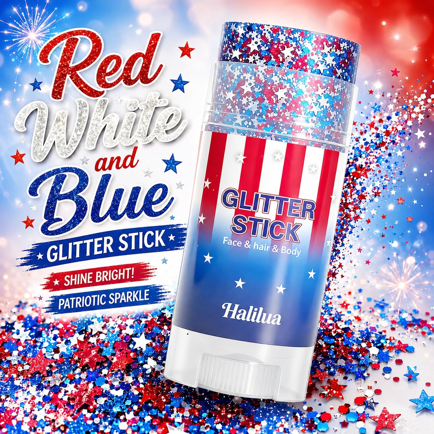 4th of July Body Glitter Stick, Patriotic Hair Face Glitter Stick, Fourth of July Outfits and 250th Anniversary Accessories, USA Flag Accessories for Women, Red White and Blue Waterproof Hair Glitter