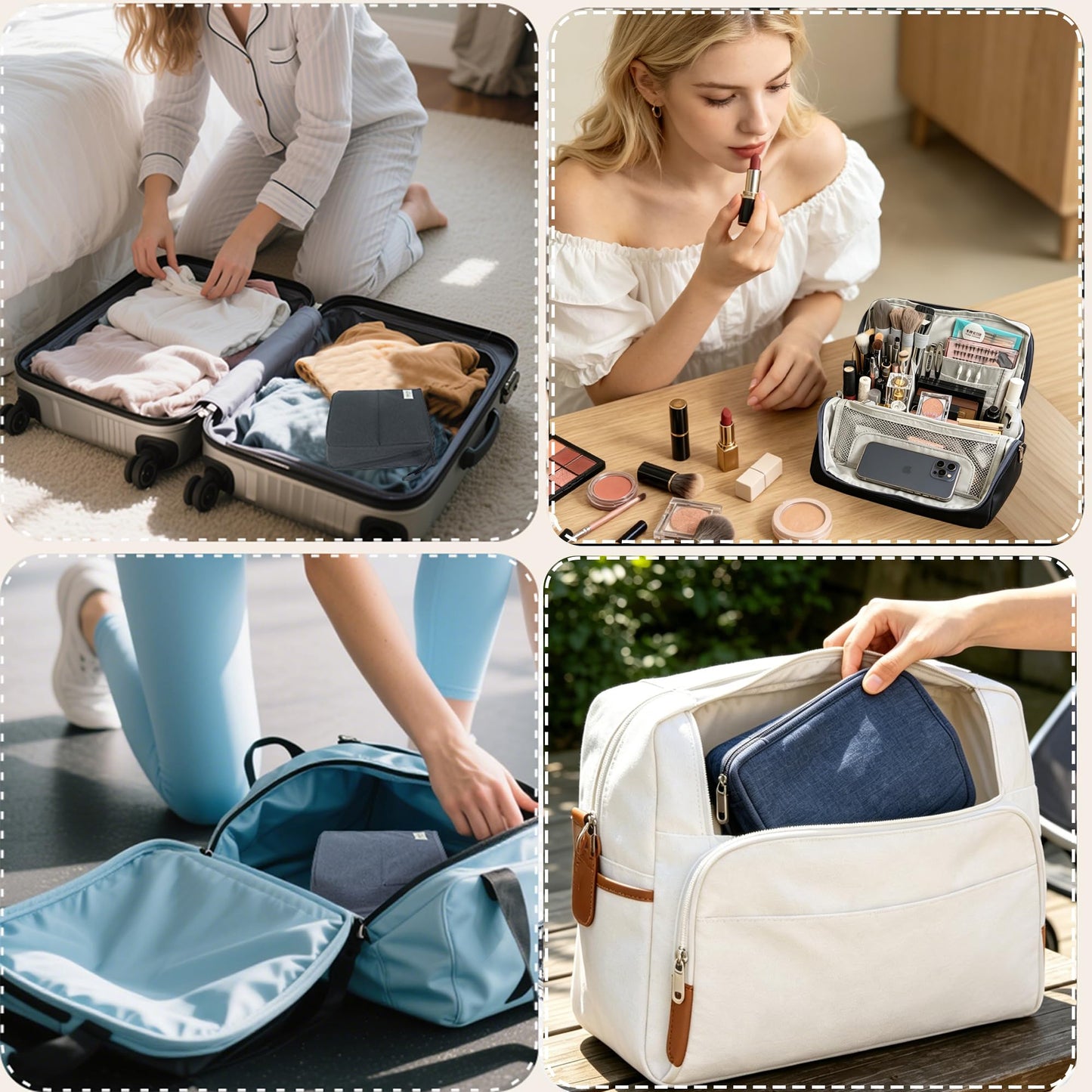 Geelraqaly standing Makeup Bag, Compact Yet Spacious Cosmetic Organizer, Waterproof Toiletry Bag with Divider, Brush Holder, Upright Design & Phone/Mirror Holder, Portable Travel Case,blue