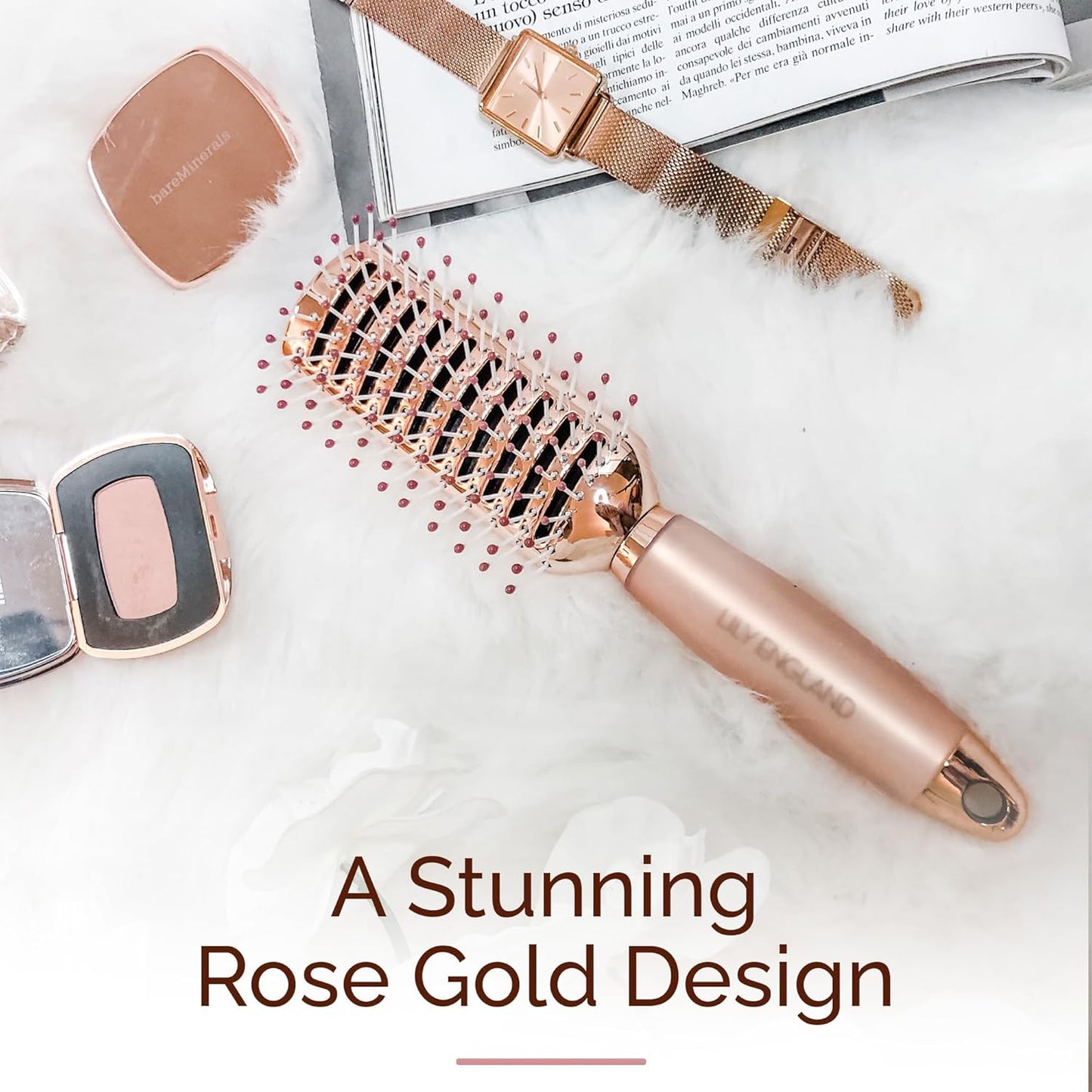 Lily England Vented Hair Brush - Easy Detangling Tool for Fine, Thick, Curly Hair | Rose Gold, Non-Slip Handle