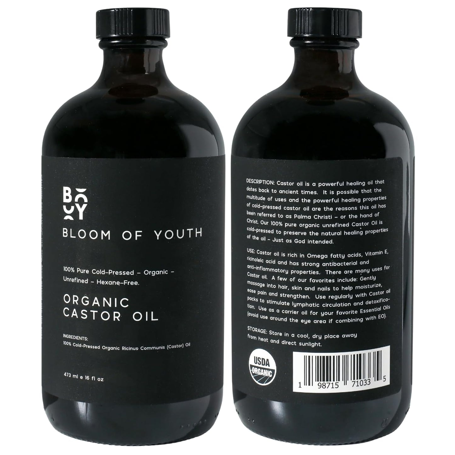 Organic Castor Oil - 100% Pure Cold Pressed | Hexane-Free, Unrefined, USDA Certified - 16oz Glass Bottle for Hair, Skin, Joints, and Eyelashes