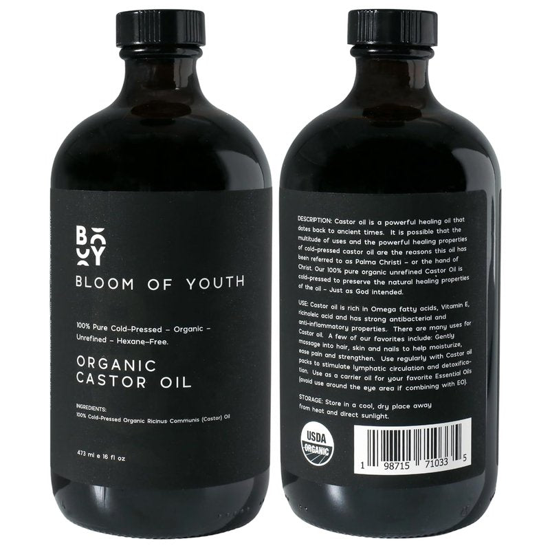 Organic Castor Oil - 100% Pure Cold Pressed | Hexane-Free, Unrefined, USDA Certified - 16oz Glass Bottle for Hair, Skin, Joints, and Eyelashes