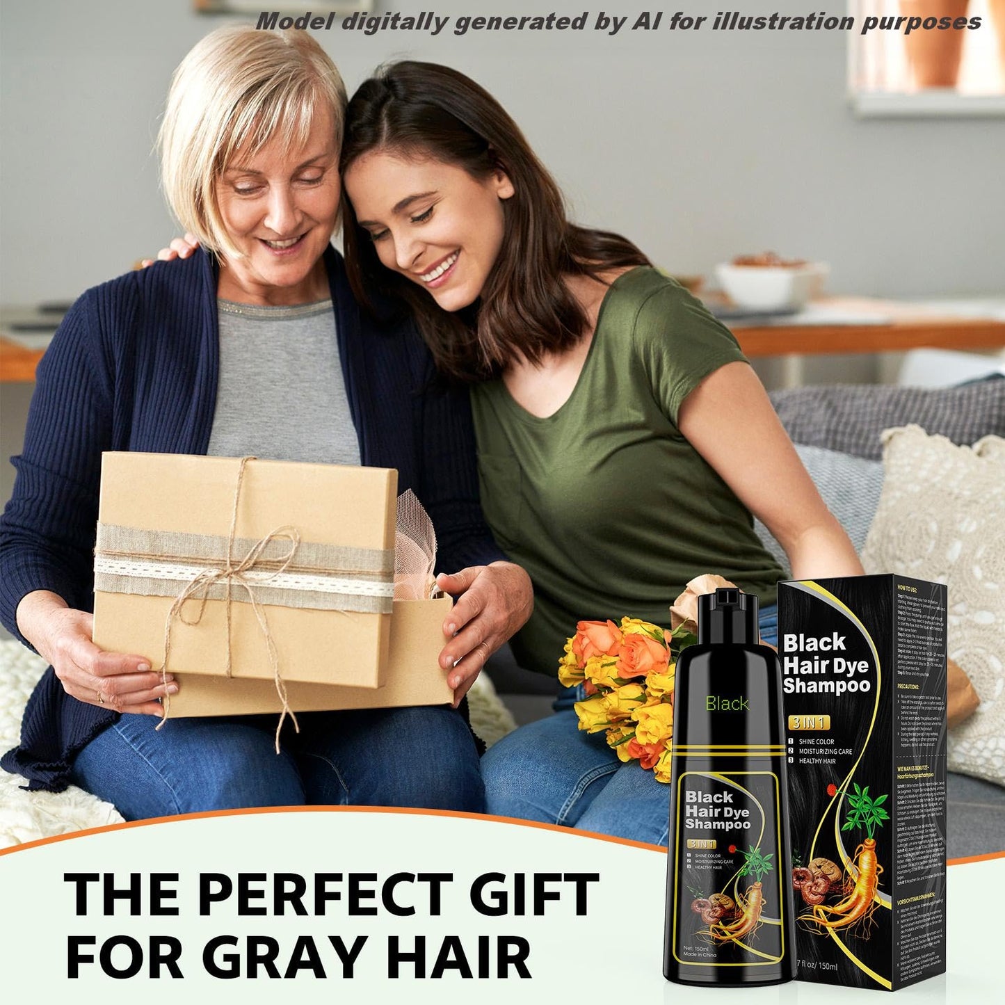 JUANCHI Black Hair Dye Shampoo 3 in 1, 150ML Hair Dye Shampoo for Women Men
