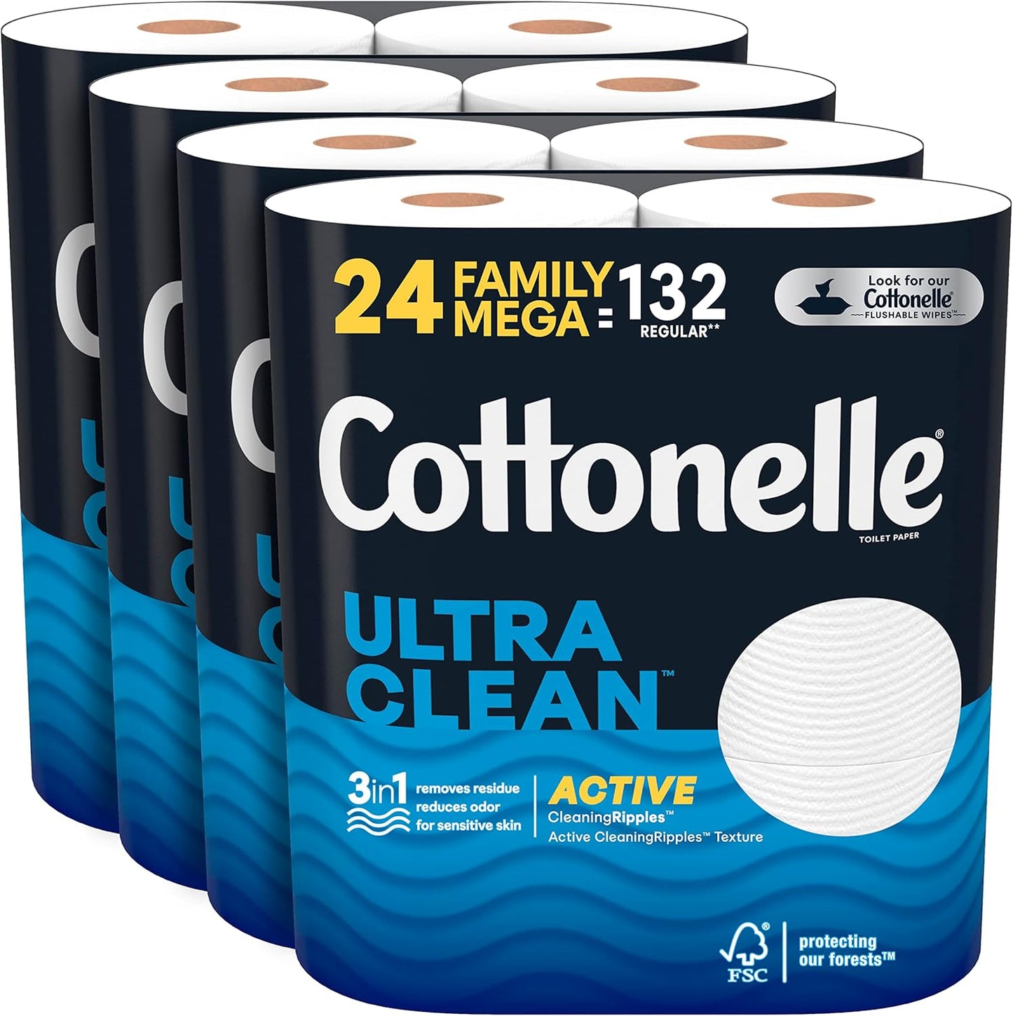Cottonelle Ultra Clean Toilet Paper - Active Cleaning Ripples Texture, 24 Mega Rolls | Strong Bath Tissue