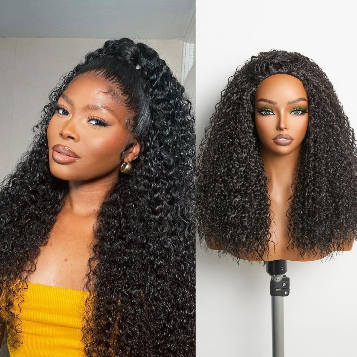 Frodio Kinky Curly Half Wig 18 Inches Veralux Fiber Blend Human Hair 3 in 1 Boho Waves Flip Over Drawstring Wig 200% Density Glueless Wigs Natural Black Ready to Go Headband Wig for Women