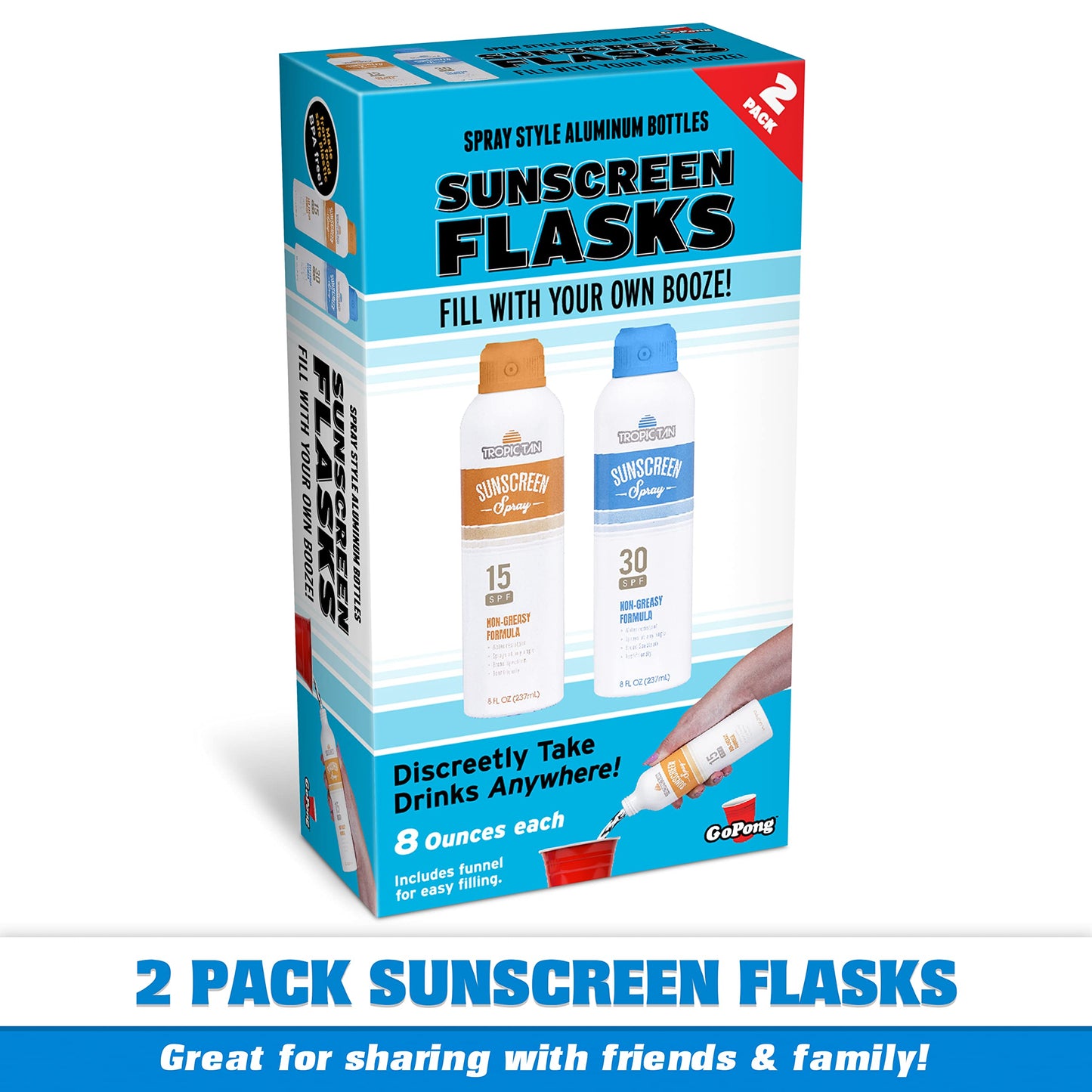 GoPong Aluminum Spray Bottle Sunscreen Flask 2 Pack (16 oz Total) - Hidden Alcohol Travel Flasks – Secret Liquor Containers for Beaches, Cruises, and Sports Events – Includes Funnel & Spout