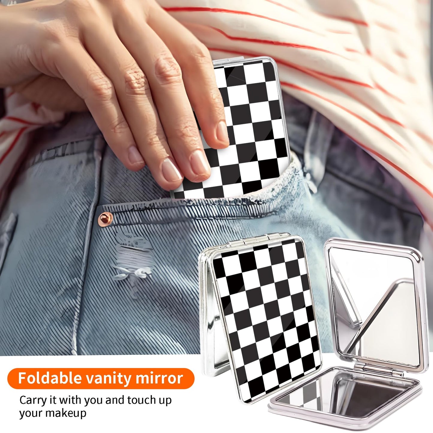 POTYHDC Compact Pocket Mirror, Cute Travel Mini Mirror with Magnification, Foldable Double-Sided Portable Cosmetic Mirror for Men, Women Black White Checkers