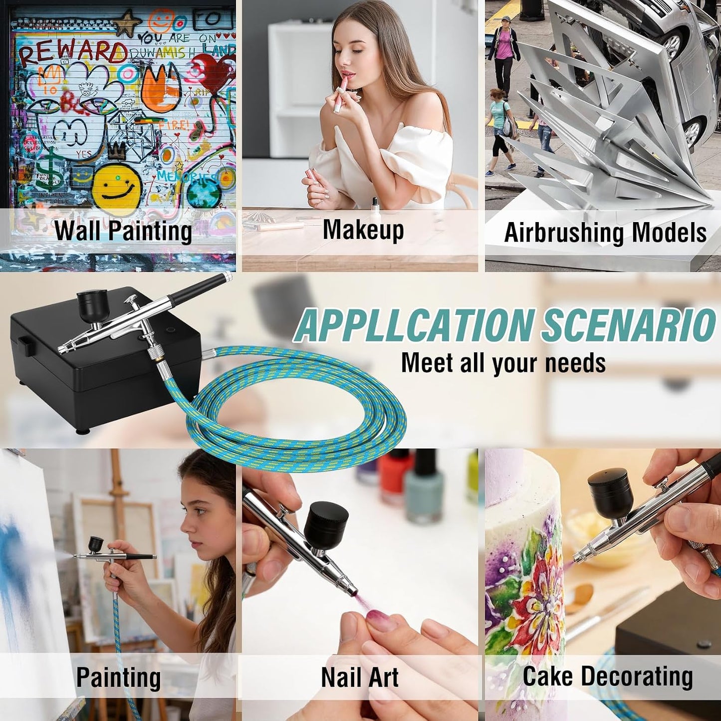 Airbrush Kit - Professional Air Compressor Set for Cake Decorating, Makeup & Model Painting | 3 Nozzles (0.2/0.3/0.5mm) & Cleaning Kit