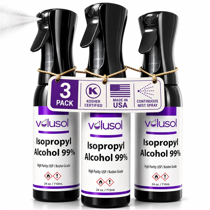 Volu-Sol 99% Isopropyl Alcohol Spray – Continuous Fine Mist Pure IPA 99% Rubbing Alcohol Spray Bottle – USP & Kosher Certified Formula for Electronics, Home & Industrial Use (24 Oz) (3-Pack)