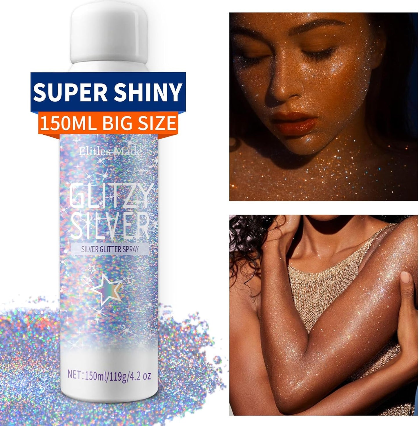 Hair Glitter Spray - Holographic Silver Body Glitter for Hair & Skin | 150ML Shimmering Festival Makeup