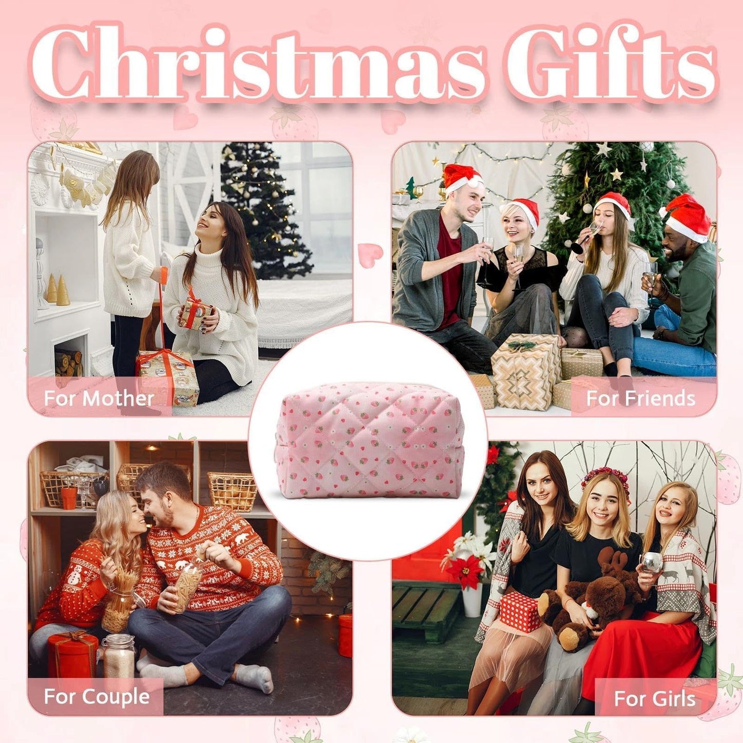 BACDOILQ Pink Quilted Makeup Bag, Strawberry Cotton Cosmetic Bag, Cute Floral Makeup Pouch for Women Girls, Coquette Aesthetic Organizer Bags Travel Toiletry Bags