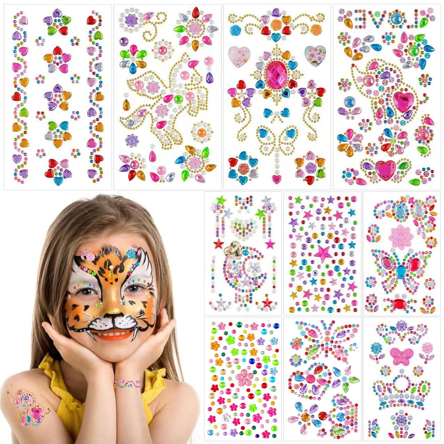 Face Tattoos Eye Face Gems Party Decoration Self-Adhesive Rhinestone Stickers for Body Makeup Butterfly Star Flower Diamond Gemstone Glitters Jewels Decals for DIY Nail Body Accessories 10 Sheets