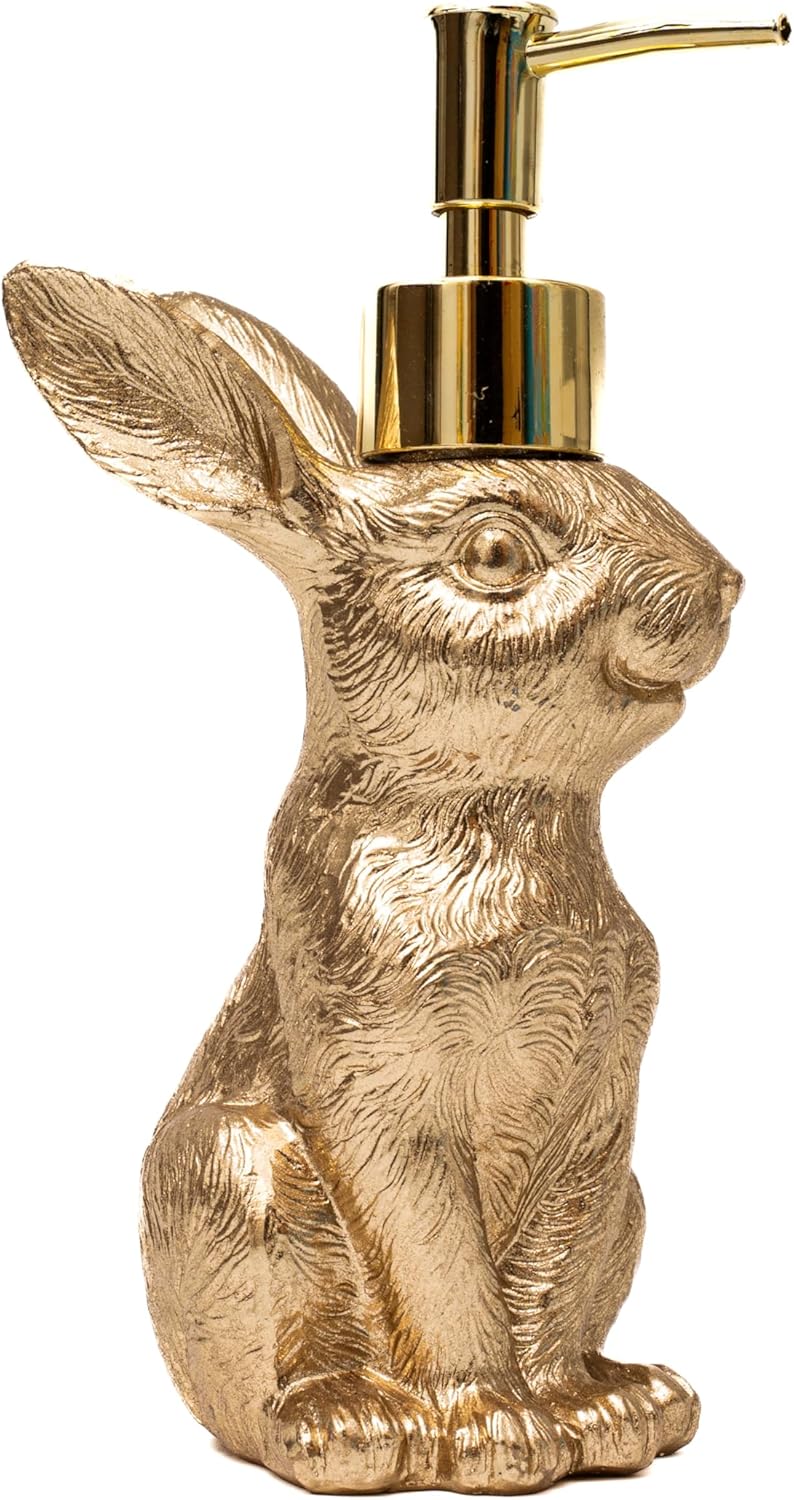 Gold Bunny Soap Dispenser Set - Vintage Rabbit Hand & Dish Soap Dispensers for Kitchen & Bathroom | 8oz Rust-Proof Resin Statues