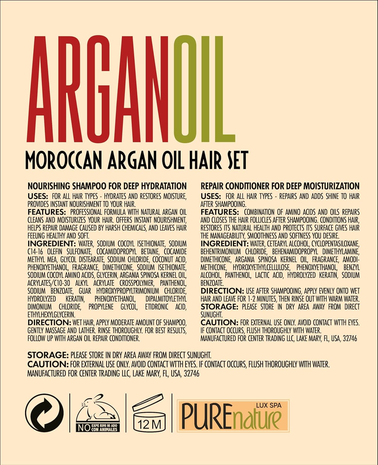 Argan Oil Shampoo & Conditioner Set - Sulfate-Free Moroccan Formula for Curly, Straight, & Damaged Hair | Moisturizing & Hydrating Treatment