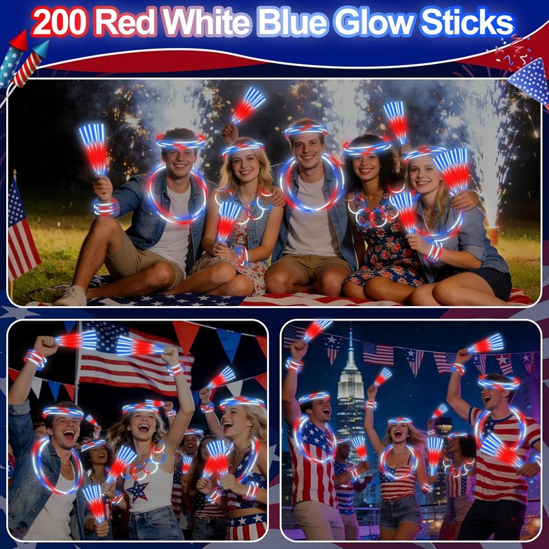 Glow Sticks for 4th of July | 200 Pcs Neon Party Favors with Connectors - Red, White, Blue Bracelets & Necklaces