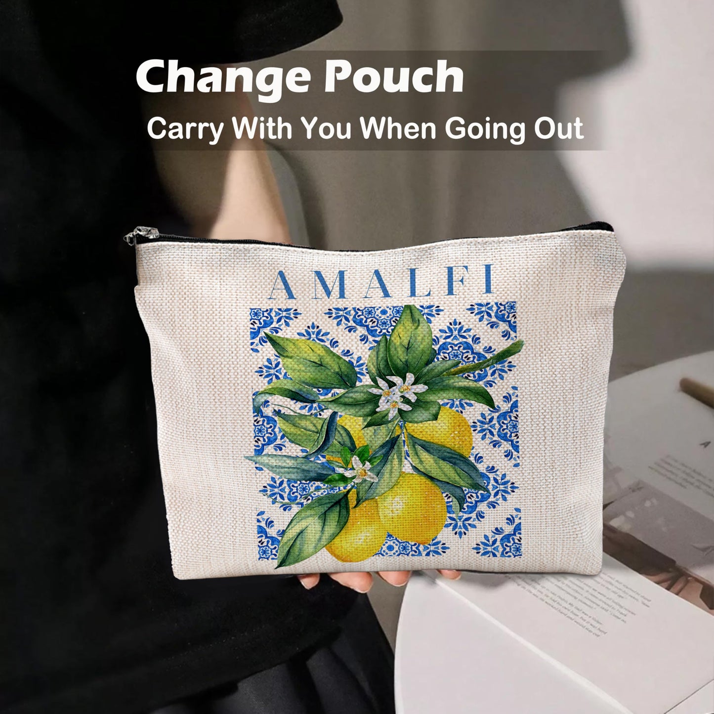 Yomisex Italian Amalfi Coast Lemon Makeup Bag, Blue and White Floral Cosmetic Bags Toiletry Bag for Women, Italian Themed Gifts, Mediterranean Tiles Lemon Tree Makeup Pouch