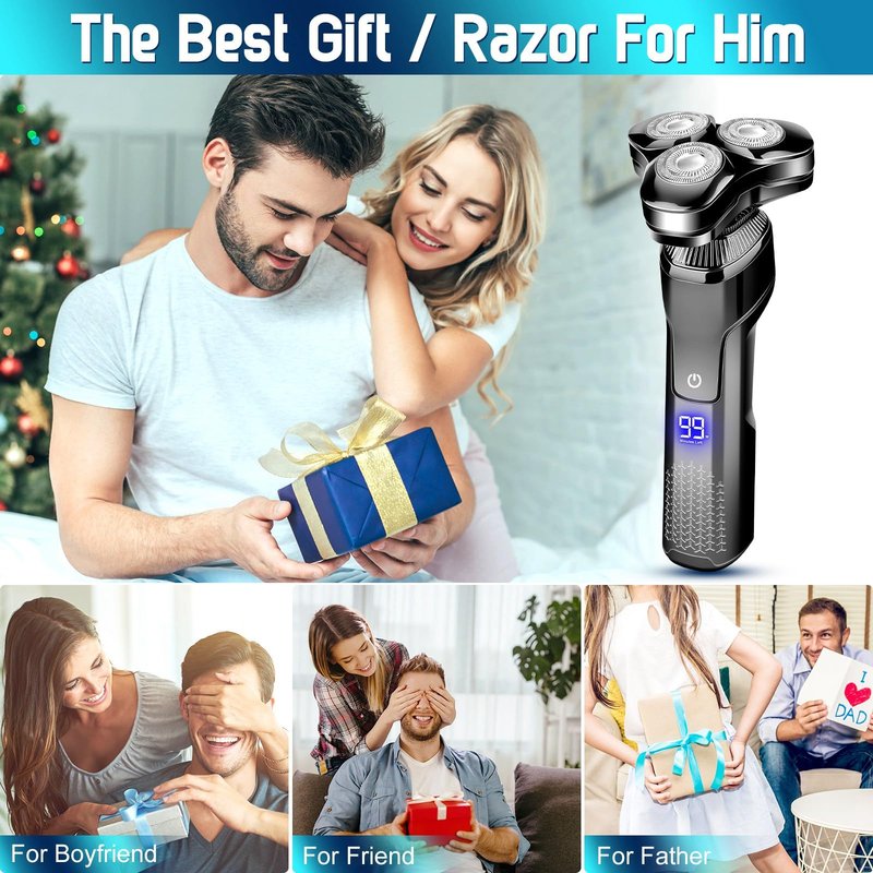 Electric Razor for Men IPX7 Waterproof Detachable Head Shaver,3D Electric Razor for Men, 3 in 1 Wet/Dry Rechargeable LED Shaving Kit (Matte Black)