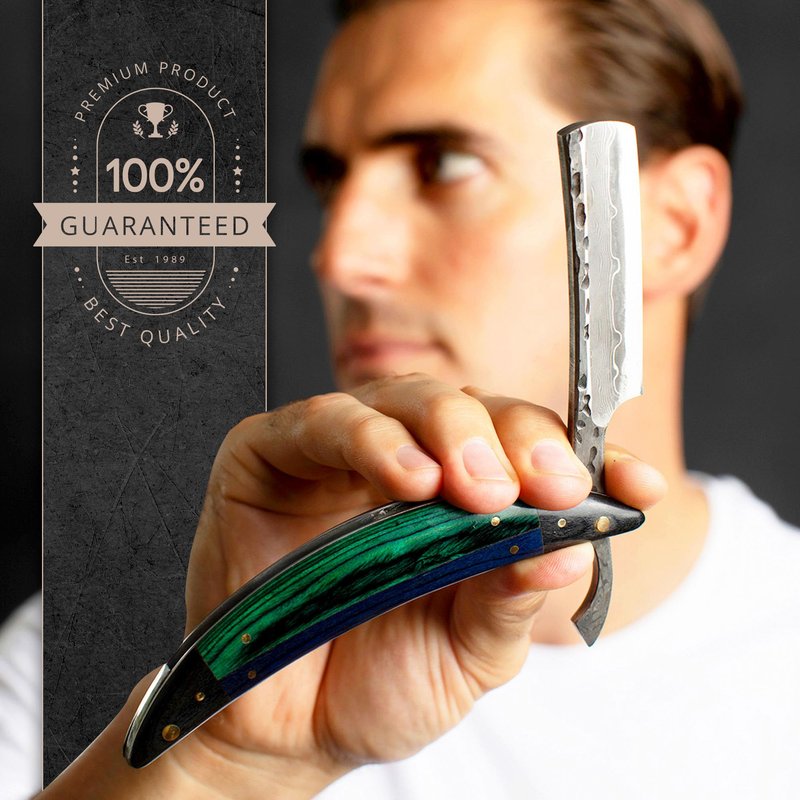 Naked Armor Esclabor Damascus Straight Razor - Shave Ready 7/8" Square Nose Damascus Steel Straight Razors for Men with Ebony Wood Scale, Case Included, Close Shave