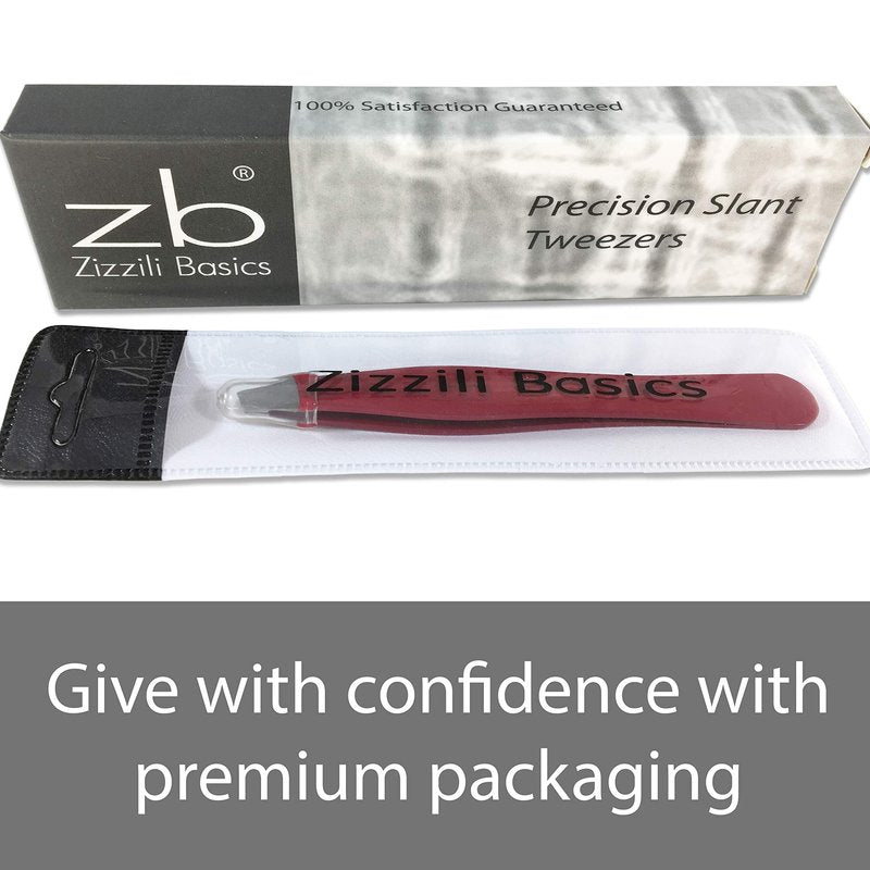 Tweezers – Surgical Grade Stainless Steel - Slant Tip for Expert Eyebrow Shaping and Facial Hair Removal – with Protective Pouch - Best Tweezer for Men and Women (Ruby Red)