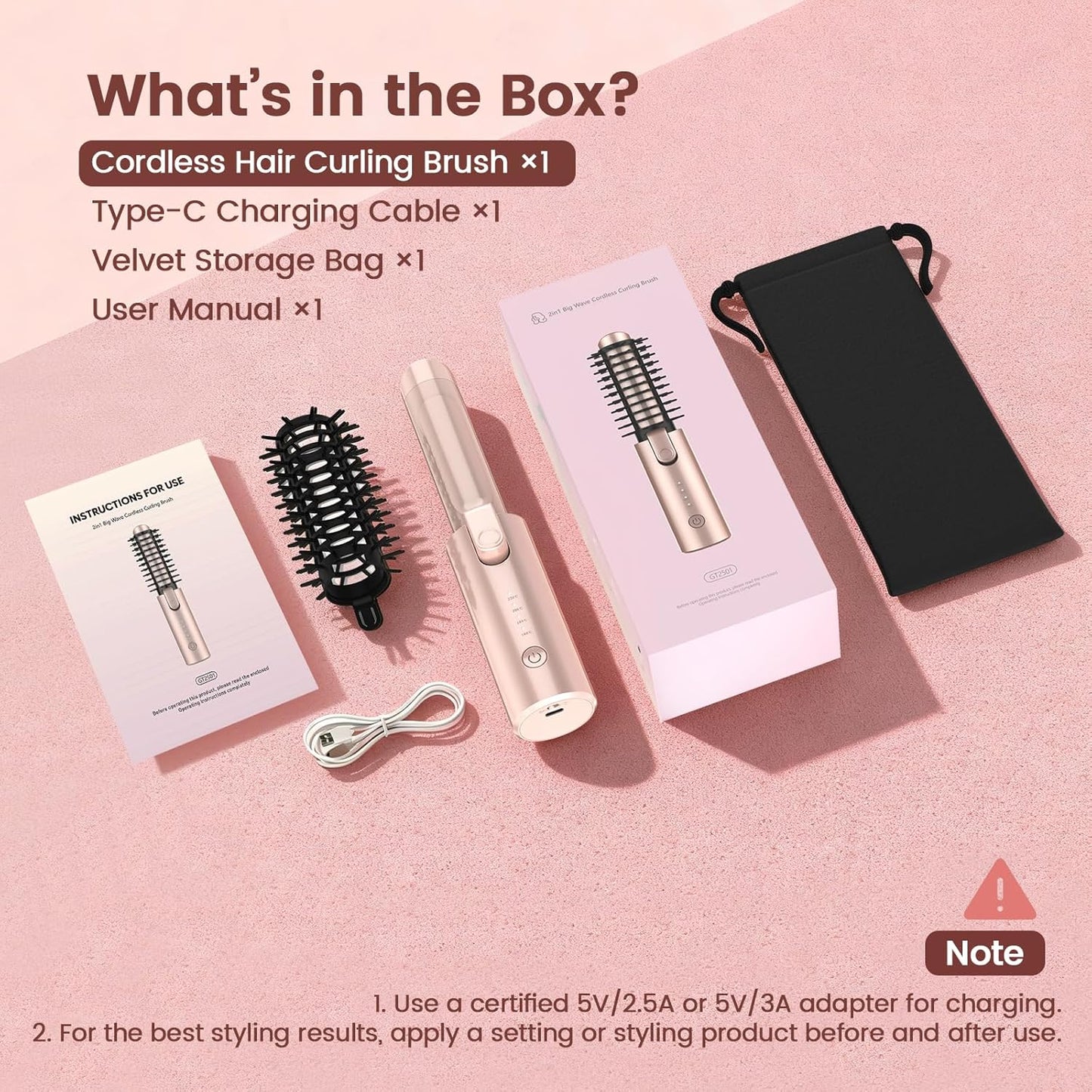 Youbella Cordless Hair Curling Iron Brush - 3-in-1 Mini Heated Round Brush | Portable USB Rechargeable, Pink