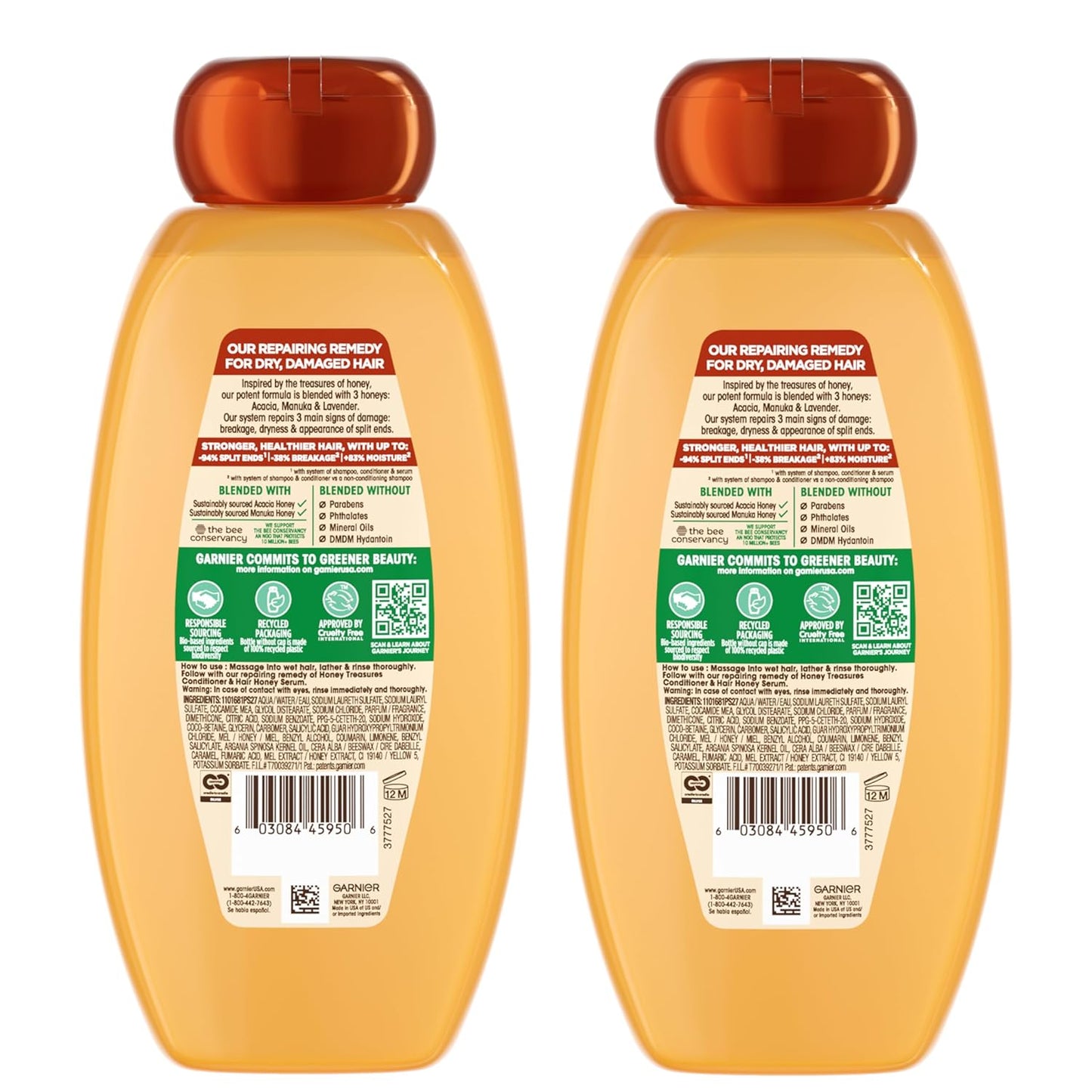 Garnier Whole Blends Honey Treasures Shampoo - Repair Dry, Damaged Hair | 22 Fl Oz, 2 Count