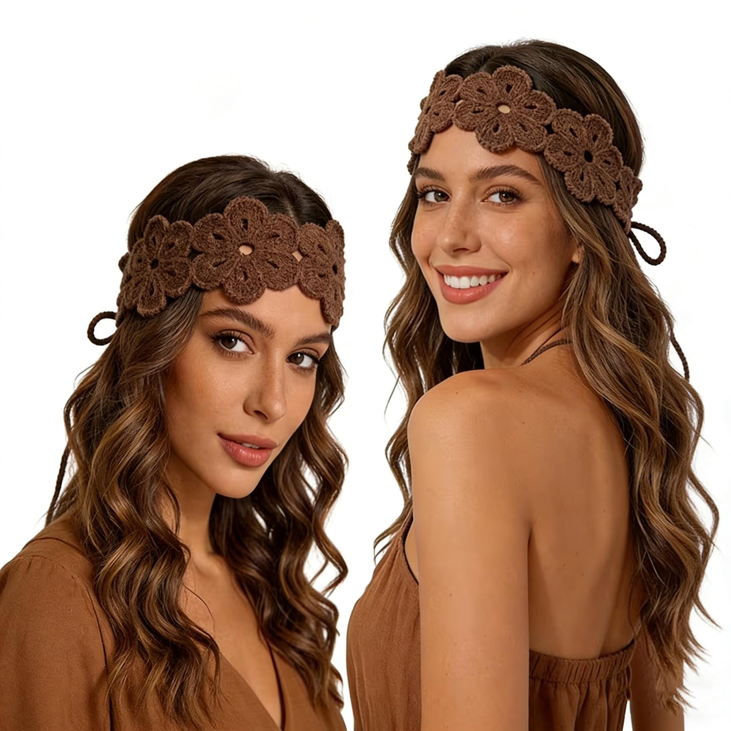 Seinyllu 3 Pack Boho Headbands for Women, Hippie Accessories Adjustable Tie Headband, Floral Crochet Hair Bandana for Girls