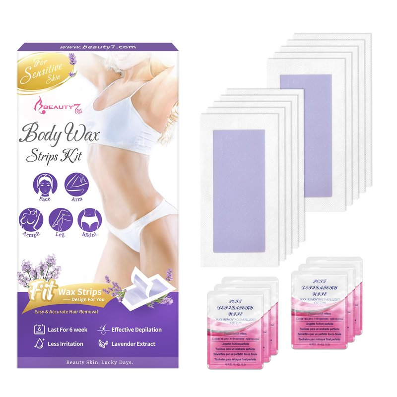 Beauty7 Women Wax Strips for Body, Ready to Use Waxing Strips, Legs Arms Chest Bikini Waxing, At Home Waxing, 20 Strip 6 Calming Oil Wipes for Sensitive Skin