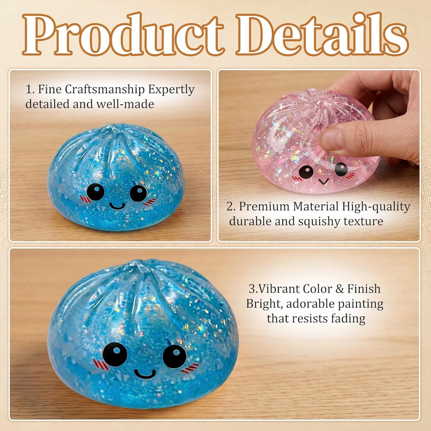 Glitter Dumpling Squishy - Soft Stress Relief Fidget Toy | Stretchy Dough Ball with Mini Food Steamer (Glitter White)