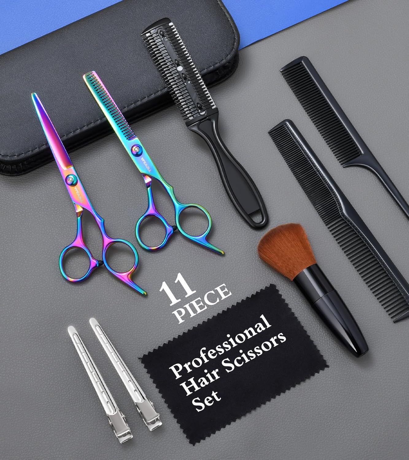 Professional Hair Cutting Scissors Kit - 11-Piece Stainless Steel Set with Comb, Clips & Cape | For Barbers & Home Use
