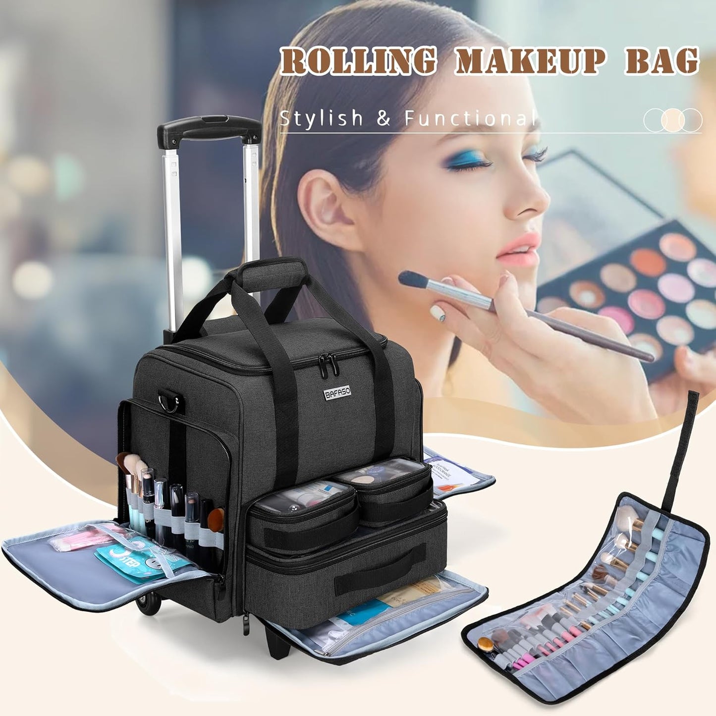 Rolling Makeup Case - Professional Cosmetic Train Case with 3 Removable Pouches & Brush Bag | Black