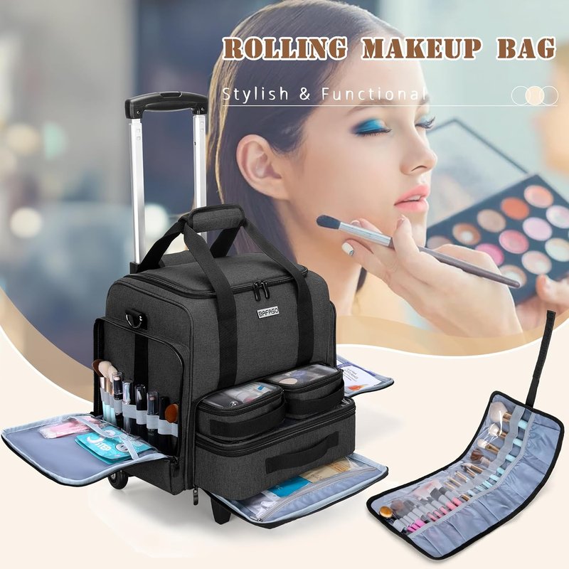 Rolling Makeup Case - Professional Cosmetic Train Case with 3 Removable Pouches & Brush Bag | Black