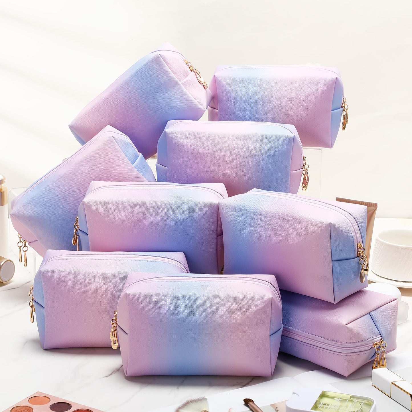 Sanwuta 9 Pcs Makeup Bags Bulk PU Double Zippers Cosmetic Bag Makeup Toiletry Small Pouch Portable Travel Organizers Case for Women Bridesmaid Proposal Gifts(Laser Purple)