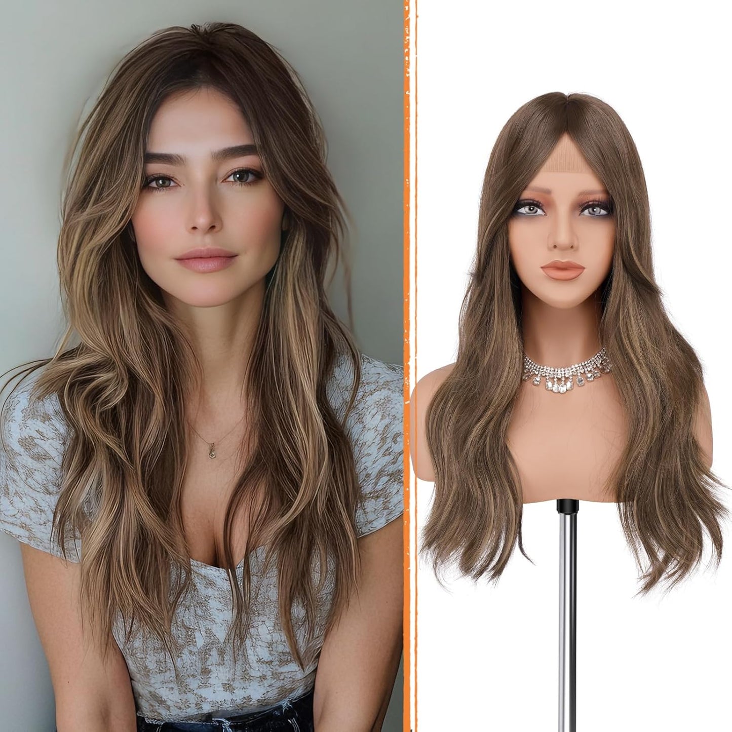 Blonde Wig with Curtain Bangs - Lace Front Long Layered Synthetic Hair for Women | 24 Inch Natural Look