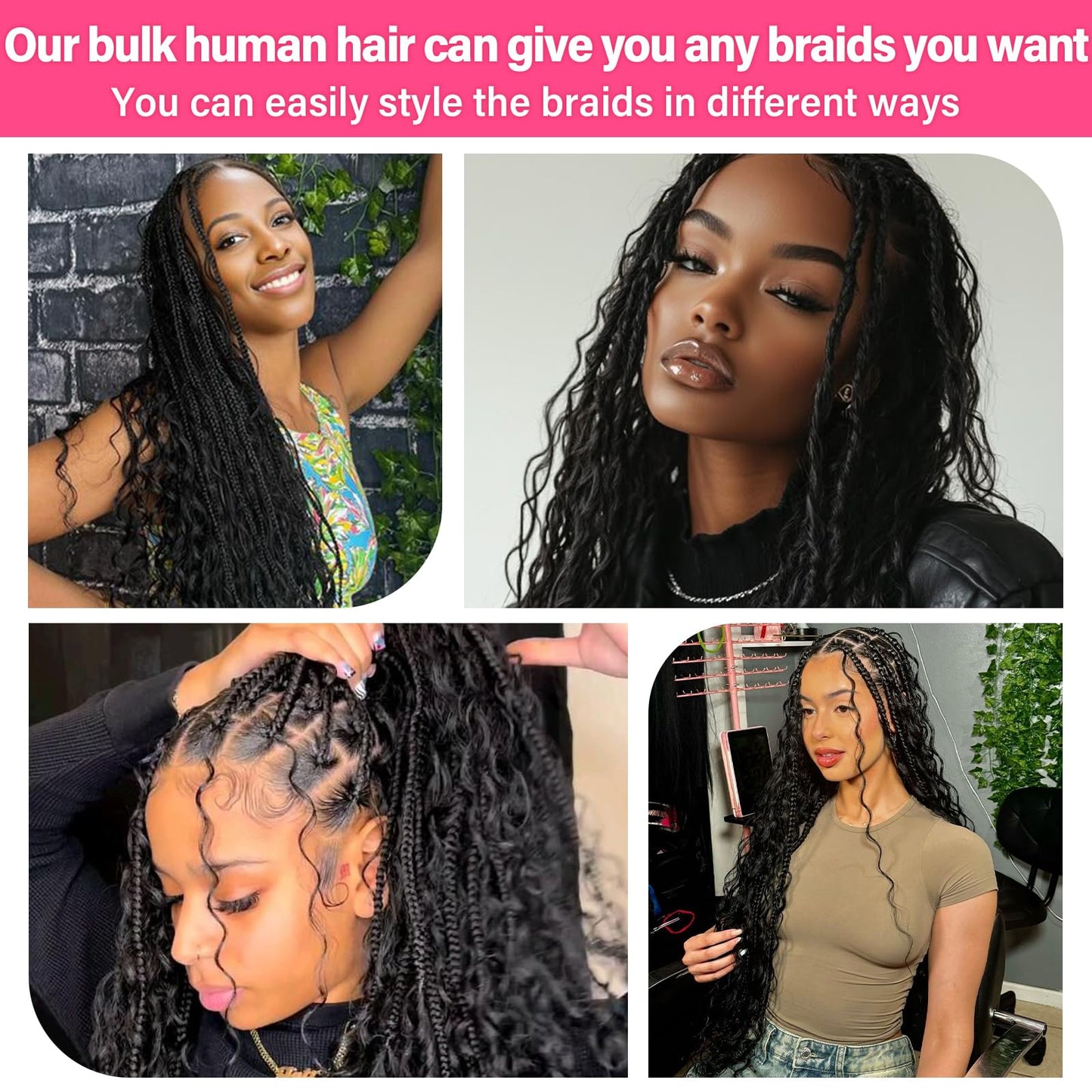 WOWANGEL Human Braiding Hair for Boho Braids, Natural Black, 20 Inch
