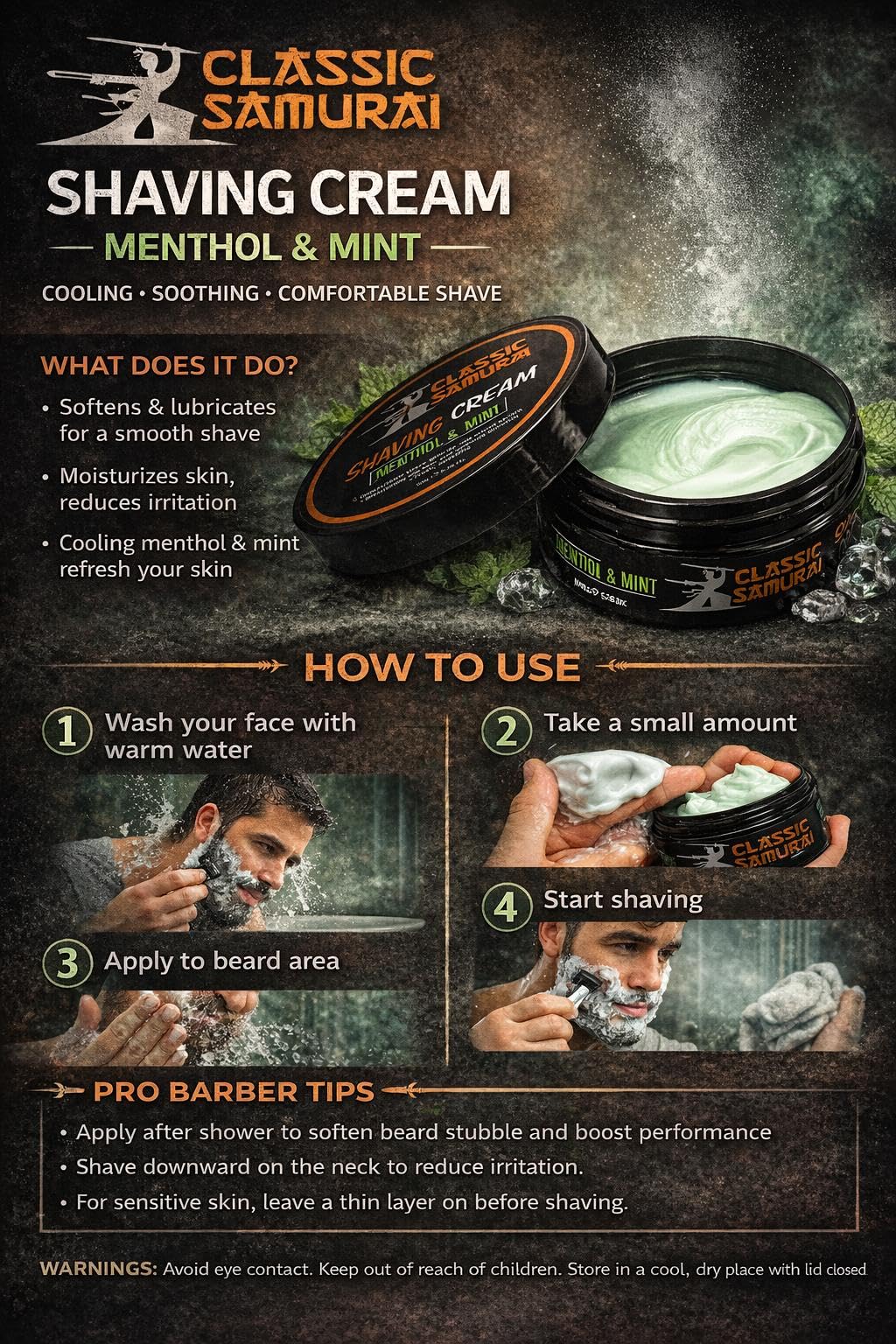 Classic Samurai Shaving Cream, Menthol & Mint, 150ml, Repairs and Calms Skin Irritation