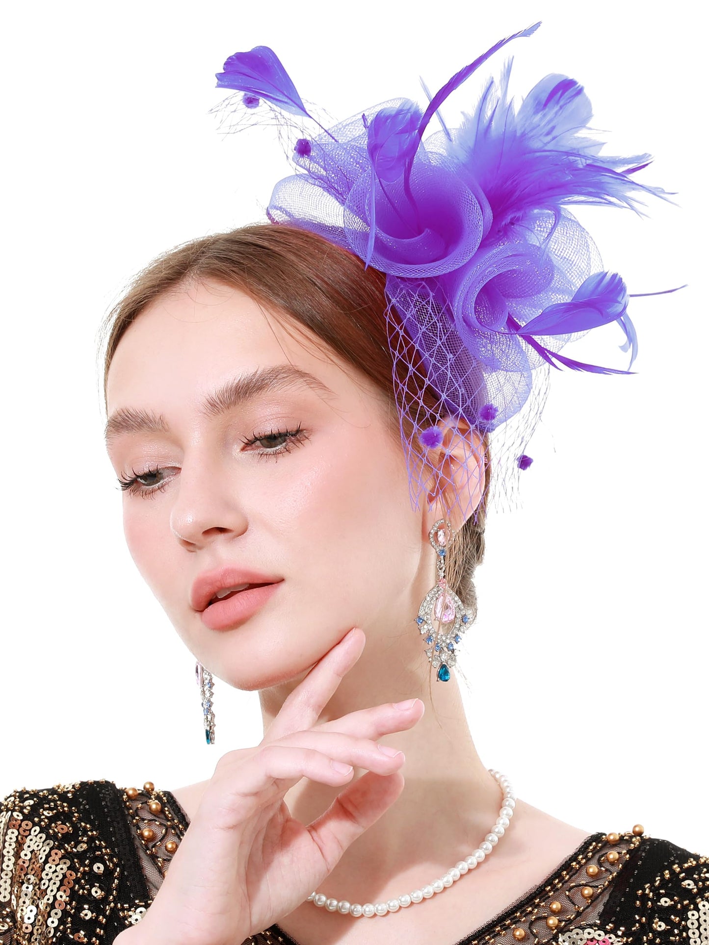 Women Fascinators Hat with Feathers Pearls for Tea Party Weddings Derby Headwear(Purple)