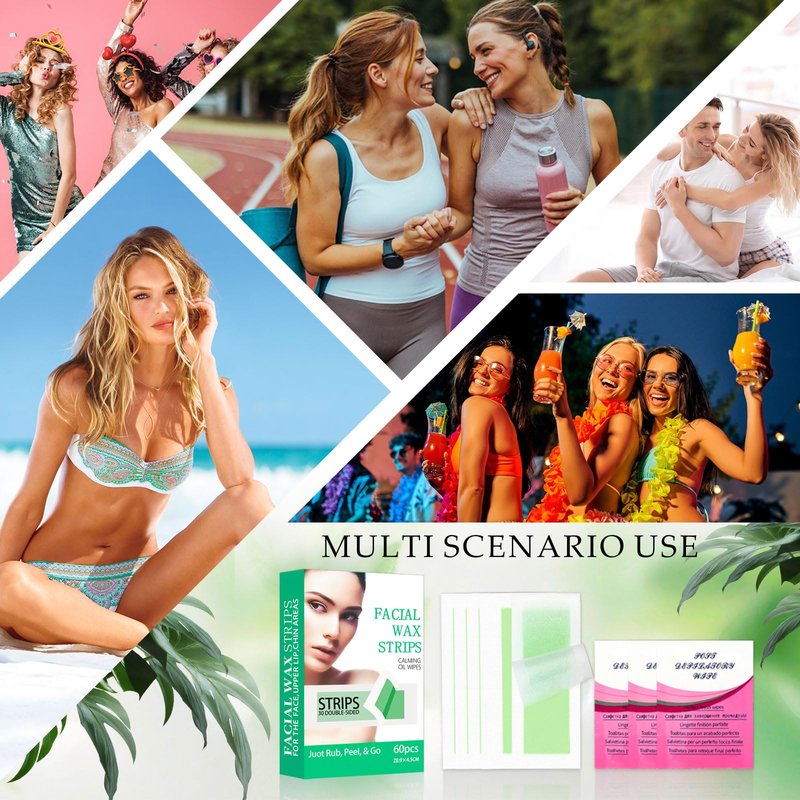 Facial Wax Strips for Hair Removal, Wax Strips for Face, 60PCS Hair Removal Waxing + 3 Calming Oil Wipe, Upper Lip, Chin, Eyebrow, Armpit, Bikini Line, Face Waxing Kit for Women, Long-Lasting Results