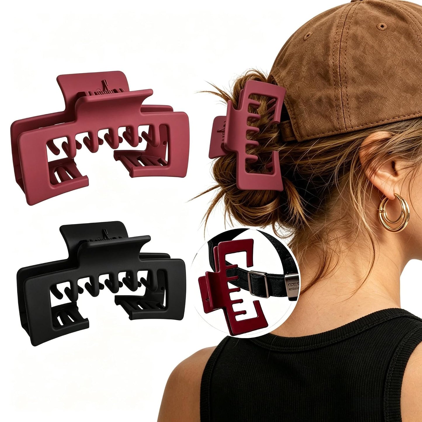 Baseball Cap Claw Clips - 2 Pcs Large Non-Slip Hair Clips for Women | Perfect for Thick & Fine Hair (Black & Brown)